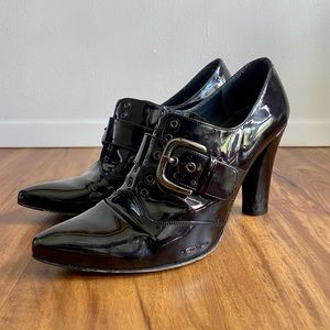 Stuart Weitzman Patent Leather Buckle Oxford Booties